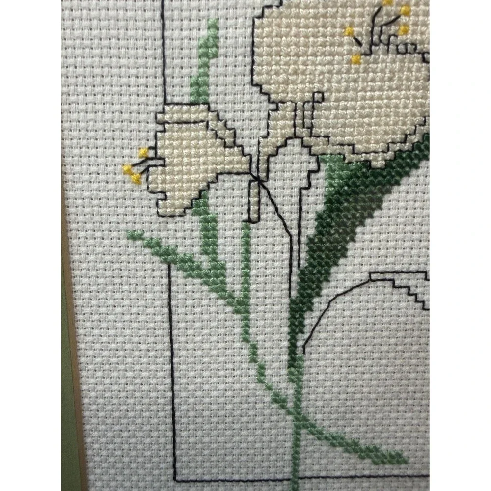 Vintage 1982 Framed Floral Cross Stitch Handmade Botanical Wall Art